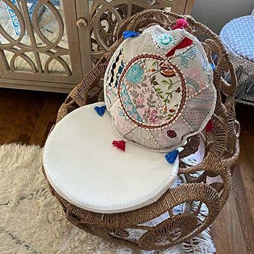 Sophia Art Round Floor Pillow Cushion Patchwork Pouf Ottoman Vintage Indian Foot Stool Bean Bag Floor Pillow Cover Home Decor Living Room Ottoman Bohemain Pillows (White, 16 Inch)