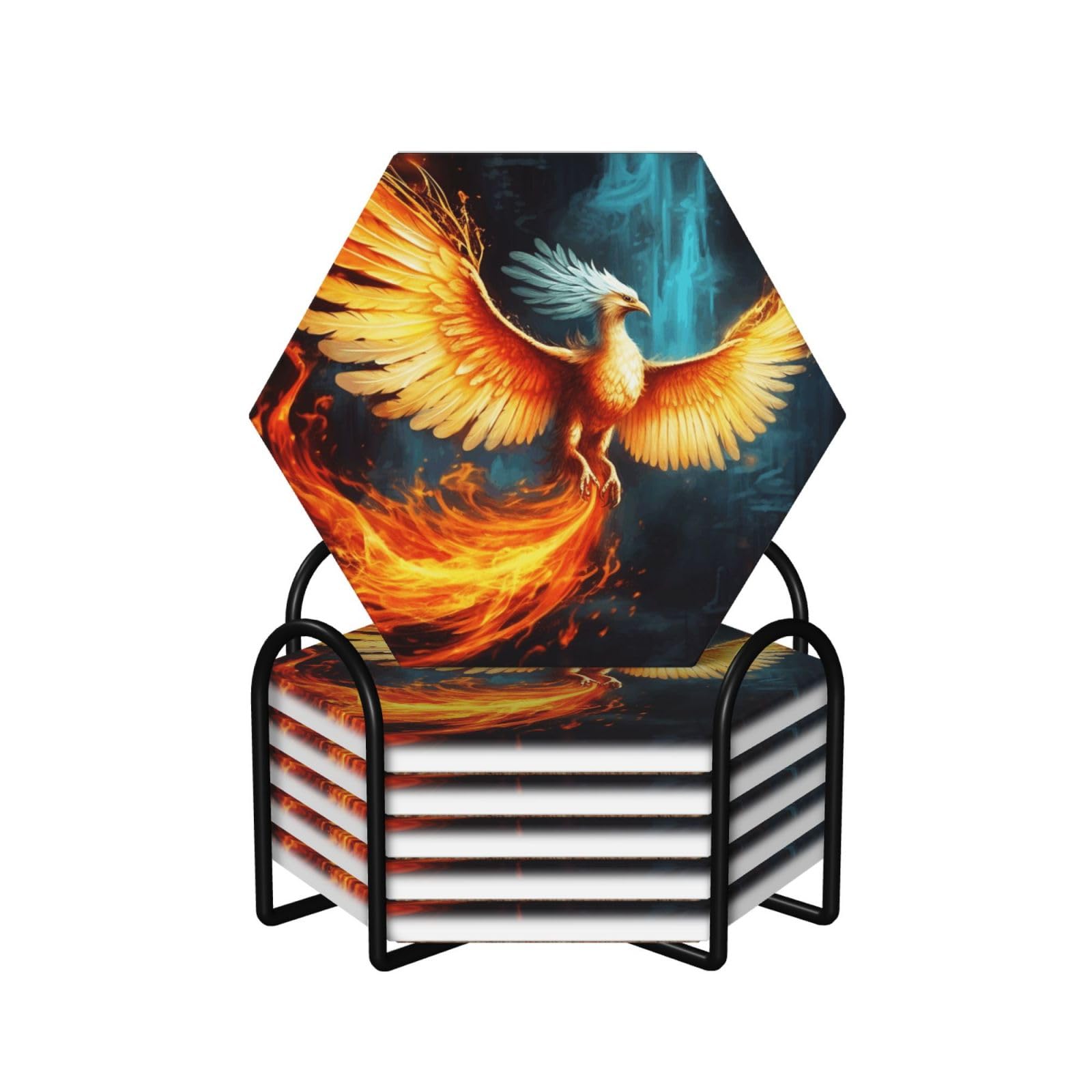 6Pcs Ceramics Coaster for Drinks, Beautiful Phoenix Cup Coasters with Holder, Aesthetic Drink Coasters for Coffee Table, Absorbent Round Coaster for Tabletop Protection 4" Cup Mat Pad