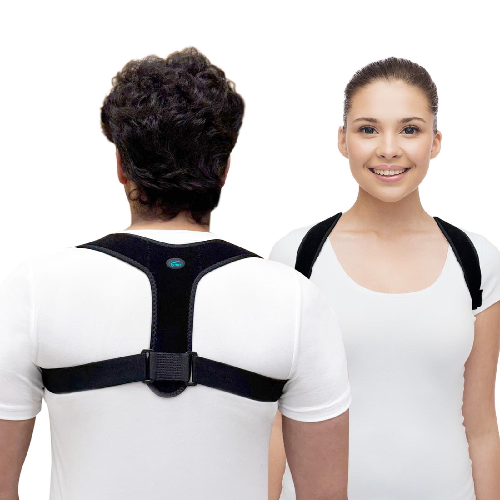 TYNOR Posture corrector brace for Men and Women, Adjustable sleek straps, Upper spine spport, Back, Neck, Clavicle, Easy to wear – Black, Universal, 1 Unit