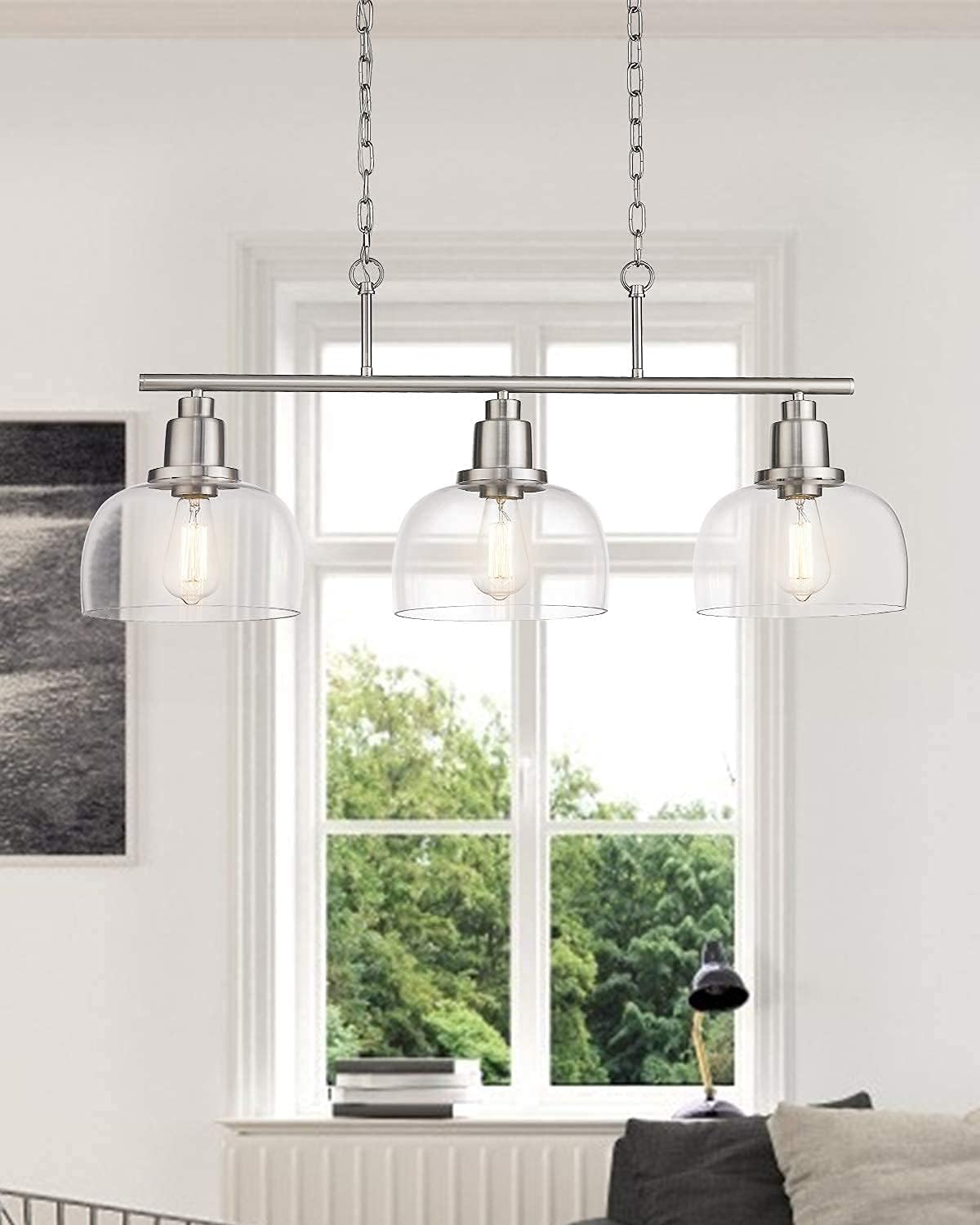 EAPUDUN 3-Light Linear Chandeliers for Kitchen Island and Farmhouse Ceiling Lighting in Brushed Nickel with Clear Glass Shade, for Kitchen Island Dining Room Foyer Hallway Entryway