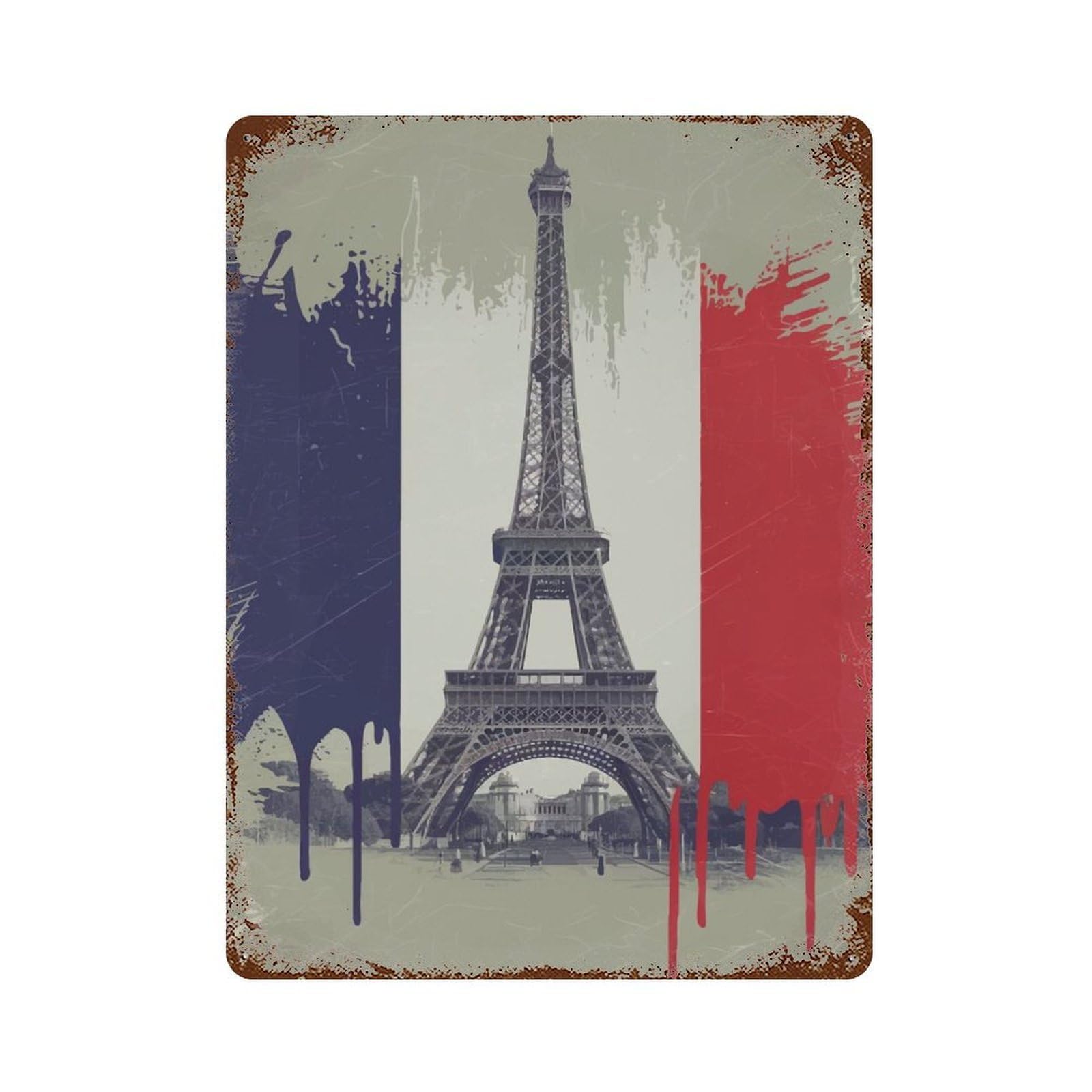 Eiffel Tower with French Flag Rusty Metal Tin Sign 15.7"x11.8", Ideal for Shed, Workshop And Garage Wall Decor
