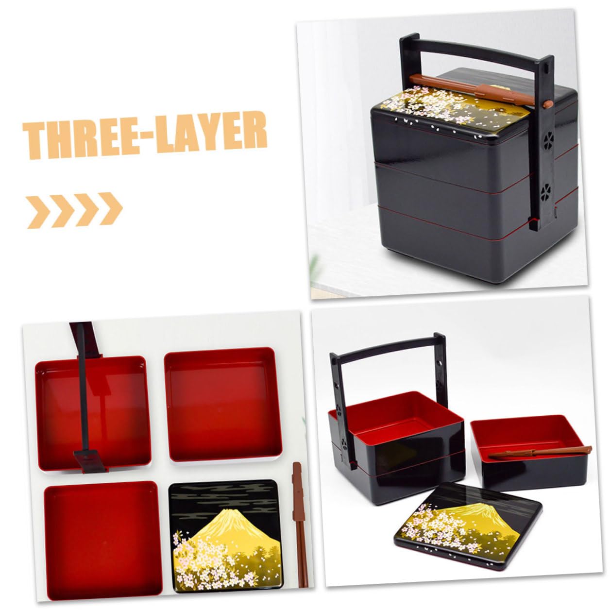 Contenitore Sushi Portatile Tre Strati in Stile Giapponese Scatola Bento per Pranzo all Aperto Porta Cibo Compatto per Picnic Scuola e Lavoro Design Elegante Nero-rosso Facile da