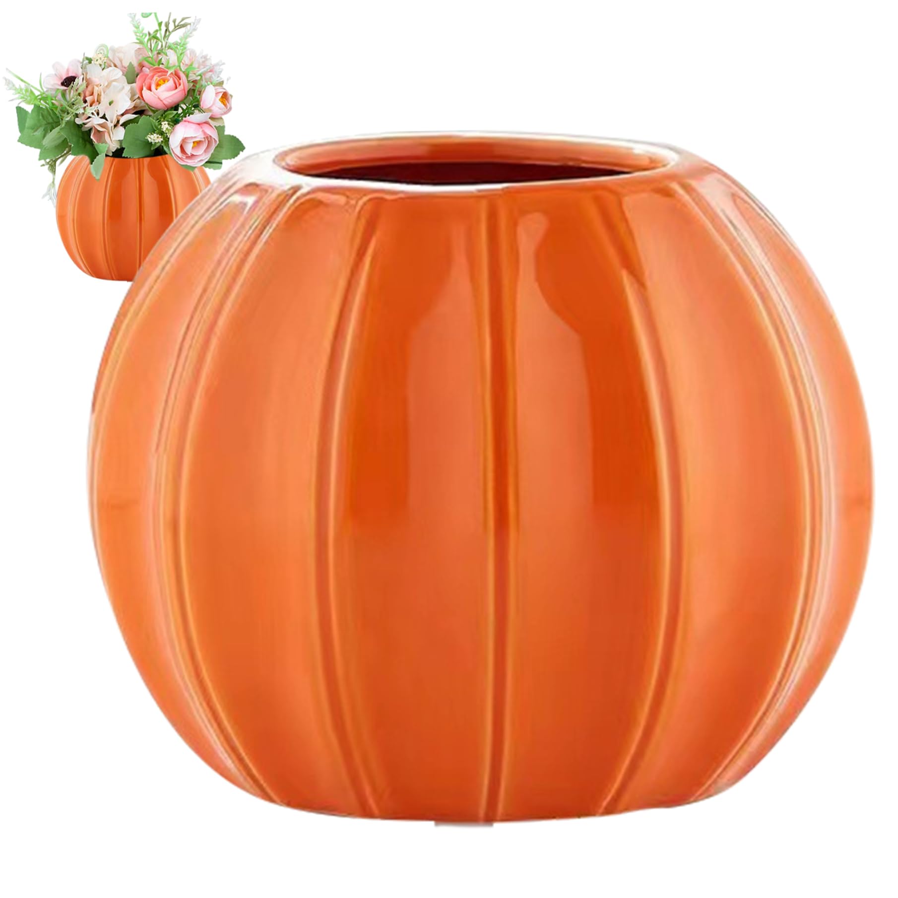 Pumpkin Vases For Flowers, Pumpkin Vase 4.5 Inch Tall Ceramic Planter Unique Mini Plant Pot Dried Flower Arrangement Vase Decor for Fall Harvest Thanksgiving Halloween Orange