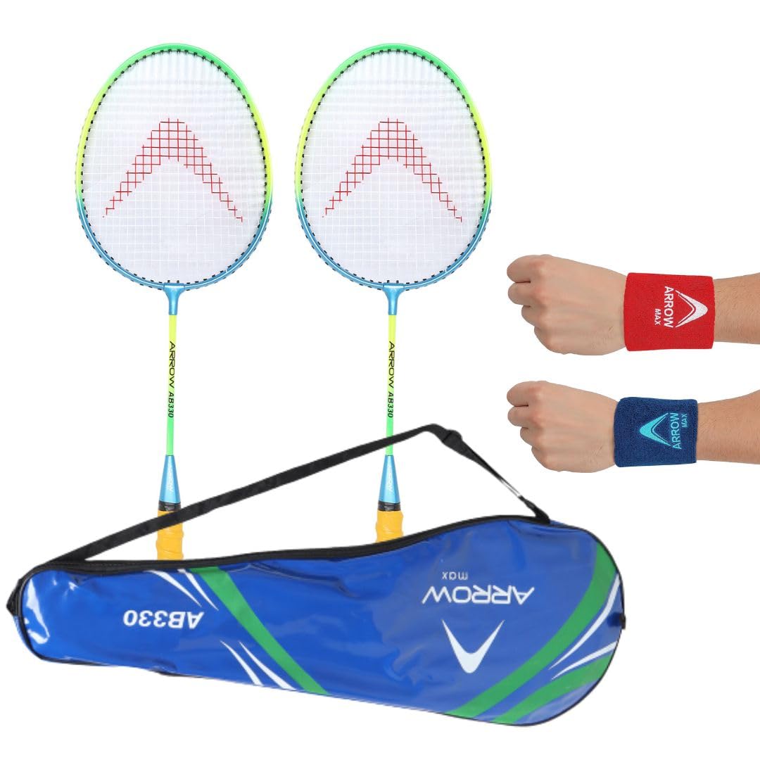 Arrowmax Badminton Racquet Set of 2 pcs for All Age Groups | Set of 2 Steel Rackets for Kids and Adults with Sweatband/Wrist Band/Wrist Support for Gym and Sports-image-3
