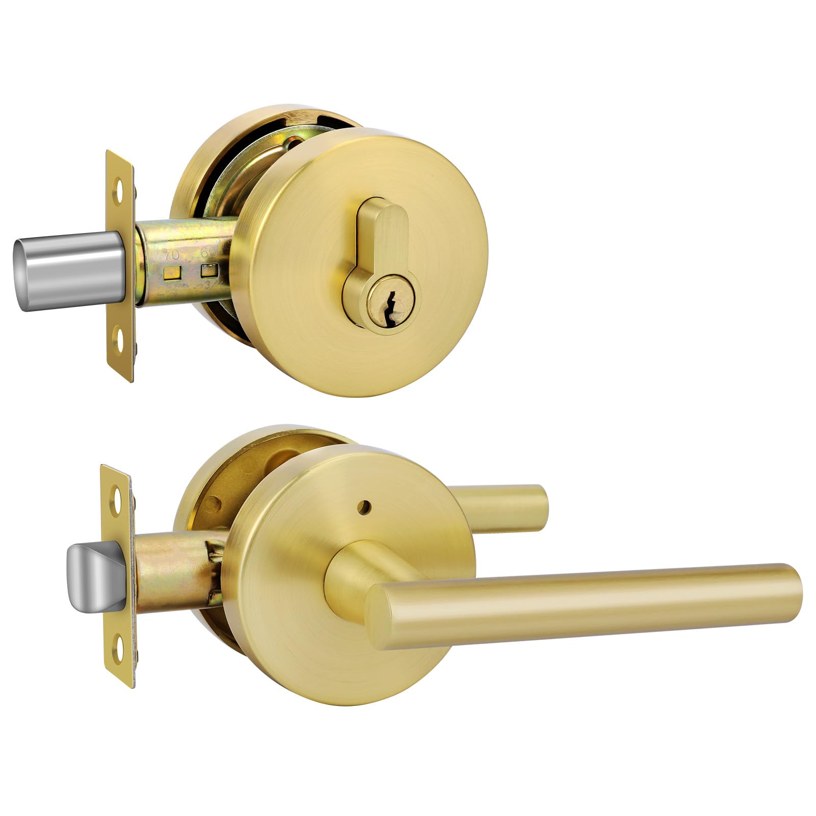 Haidms Gold Exterior Door Lock Set with Deadbolt, Brushed Gold Front Door Handle and Deadbolt Set, Keyed Alike Entry Door Locksets with Deadbolt, Heavy Duty Zinc-alloyed Front Door Lock Set
