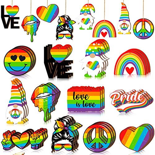 Chunful 36 Pcs LGBT Pride Wood Hanging Ornaments Rainbow Pendant Slices Tags Hanging Decoration Wood Gay Pride Ornament for Tree Decor