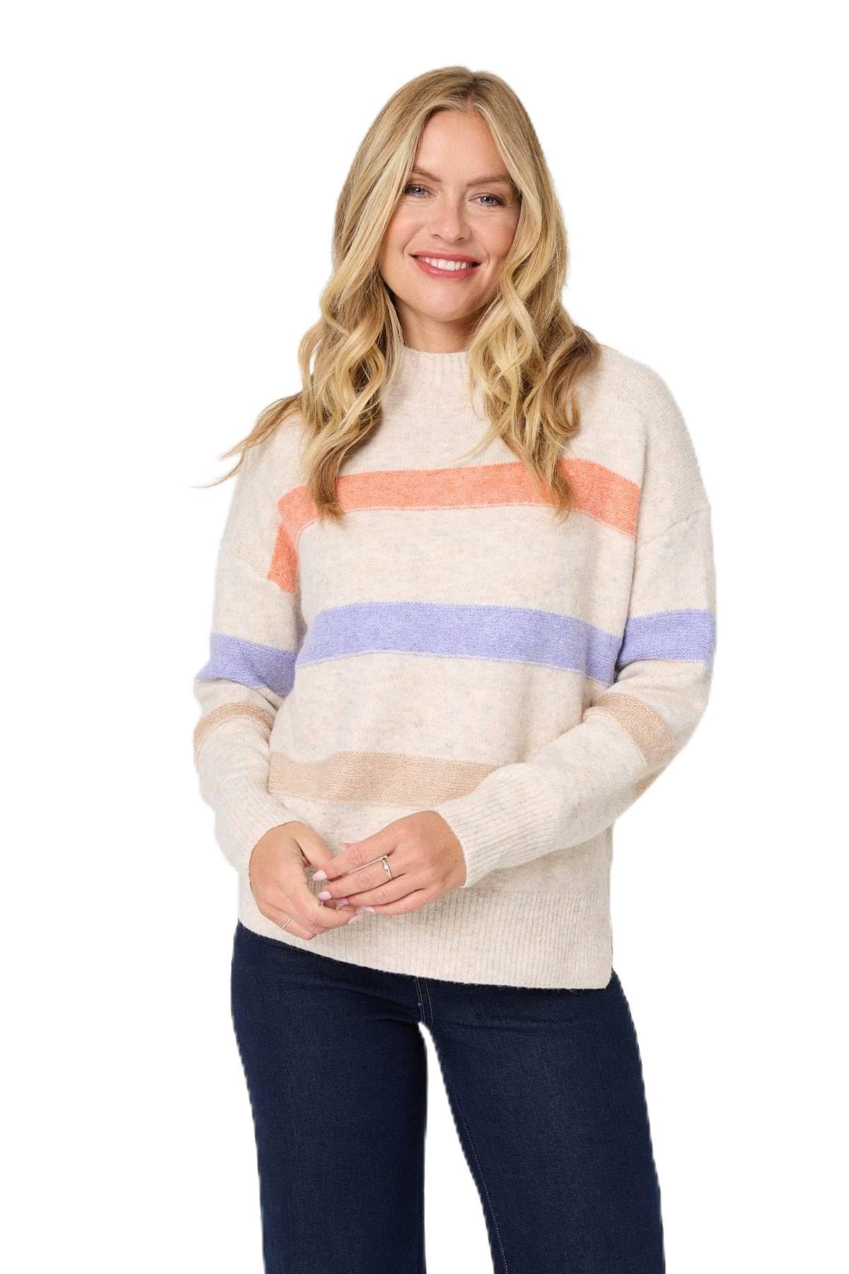 Izabel London Women's Dark Grey Striped High Neck Boxy Jumper In | Size: 16