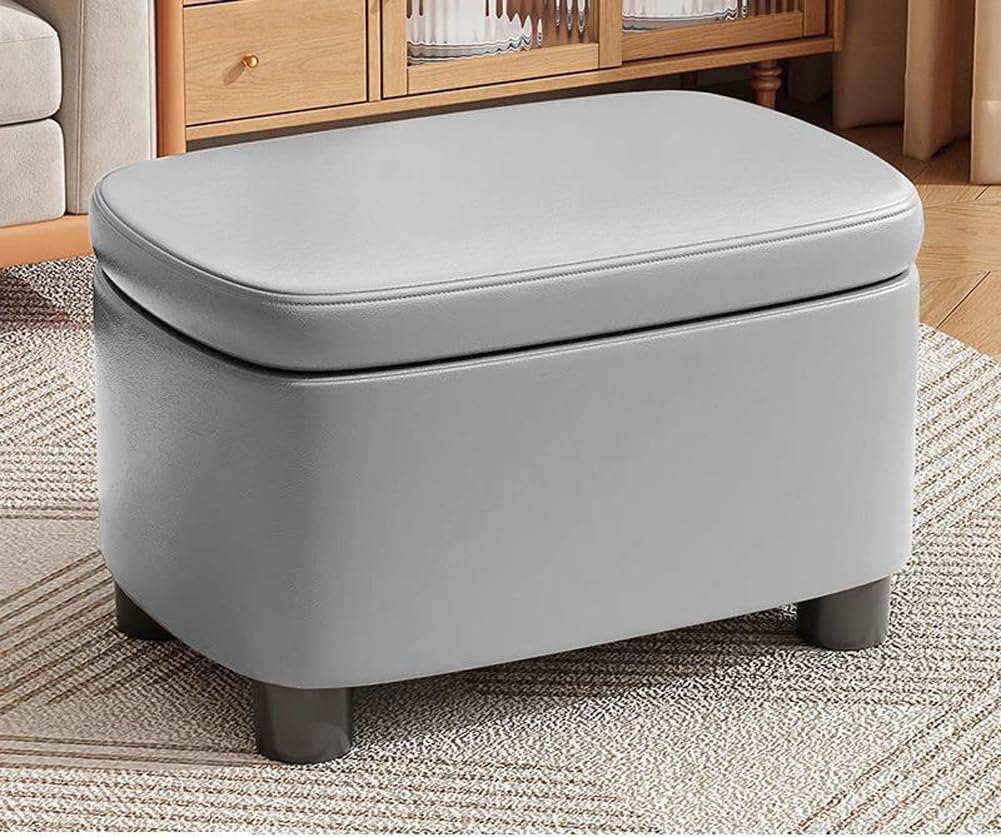 Modern Storage Ottoman Faux Leather Foot Rest Stool with Hinged Lid,Upholstered Ottoman Storage Thicken Foam Padded Seat for Living Room Entryway (Grey)