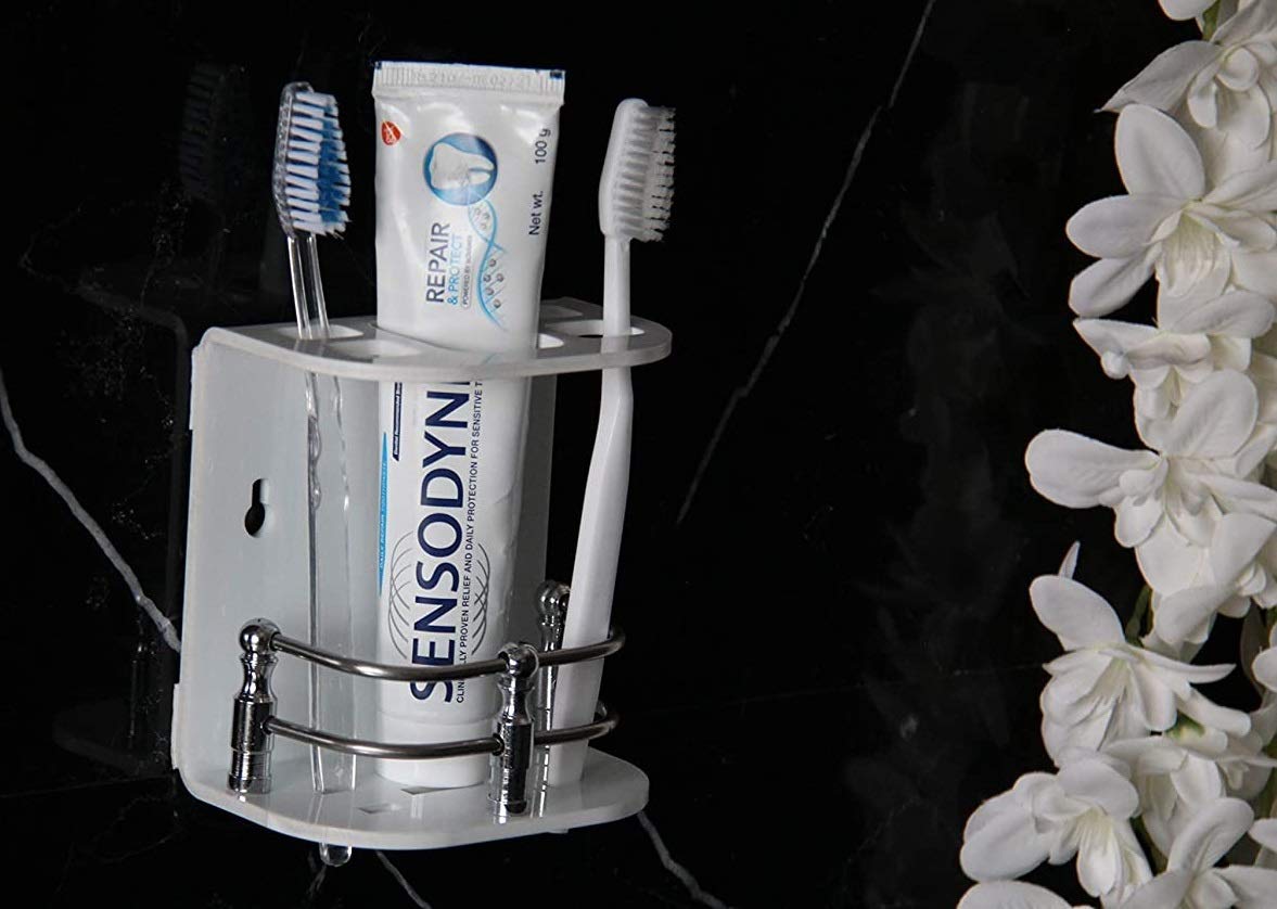 SHREE HANS CREATION DS Enterprise | Wall Mounted self Adhesive Acrylic Tooth Brush Holder/Stand/Tumbler/Toothpaste for Bathroom Stand Organizer Rack for Home (Small White)