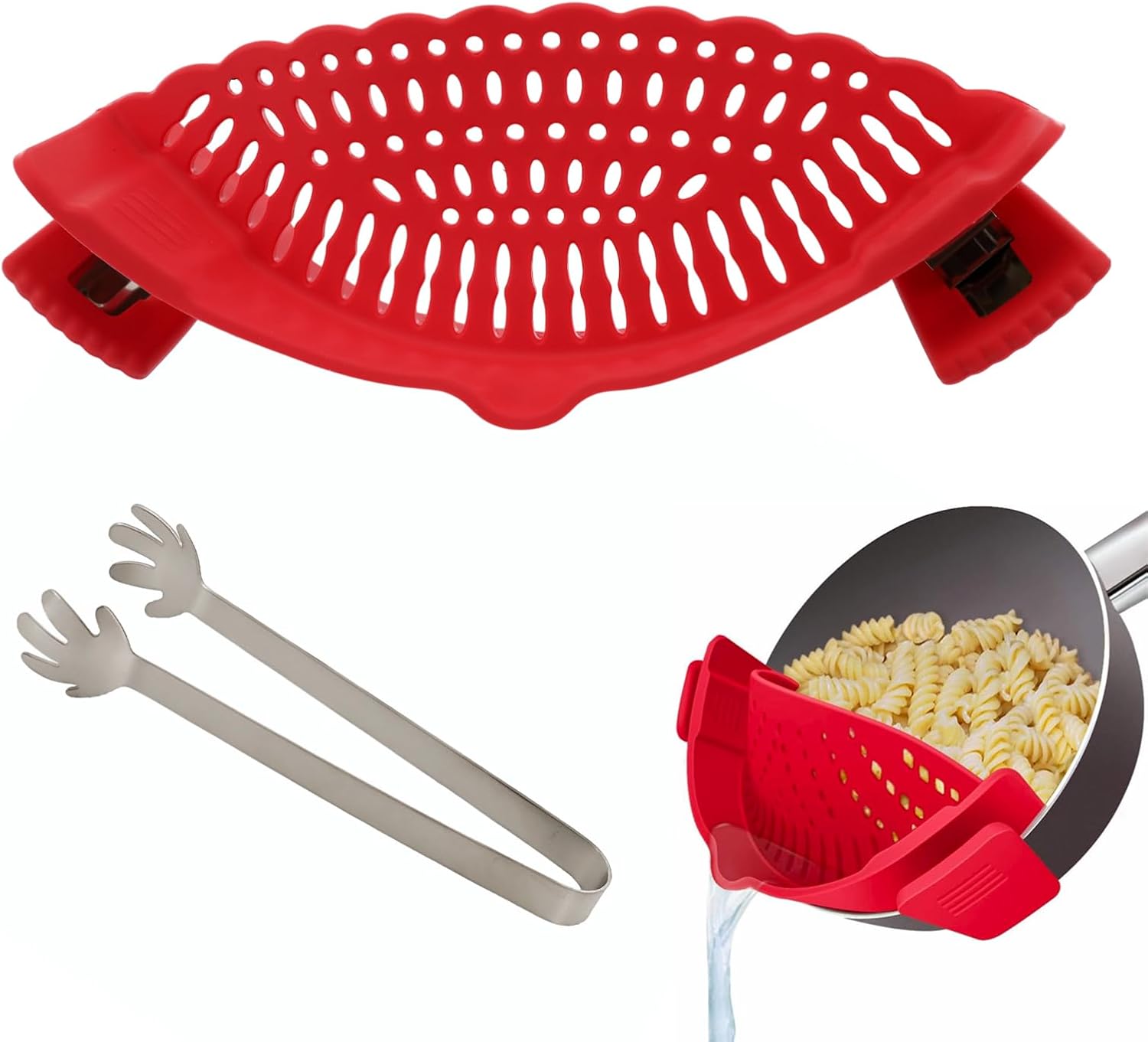 Clip On Strainer Silicone and Food Clip – Pot Strainer Clip On for Draining Pasta, Vegetables & Meat – Heat Resistant Silicone Colander, Dishwasher Safe Kitchen Gadget (Red) Clip On Strainer Silicone and Food Clip – Pot Strainer Clip On for Draining Pasta, Vegetables & Meat – Heat Resistant Silicone Colander, Dishwasher Safe Kitchen Gadget (Red)