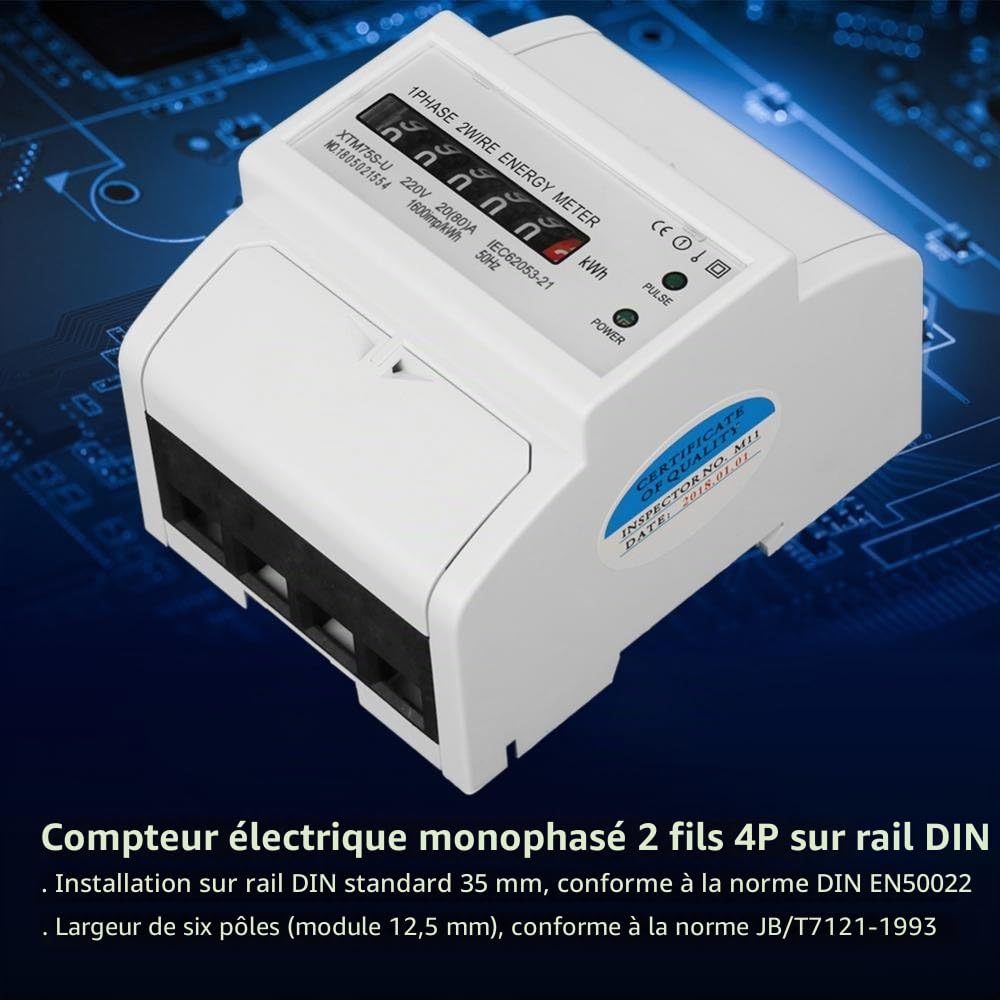 VIFER Compteur d'Énergie, Digital 1 Phase 2 Wire 4P Compteur d'Énergie Électrique Monophasé Compteur sur rail DIN Electric Meter Electronic KWh Meter 220V (20(80) A)