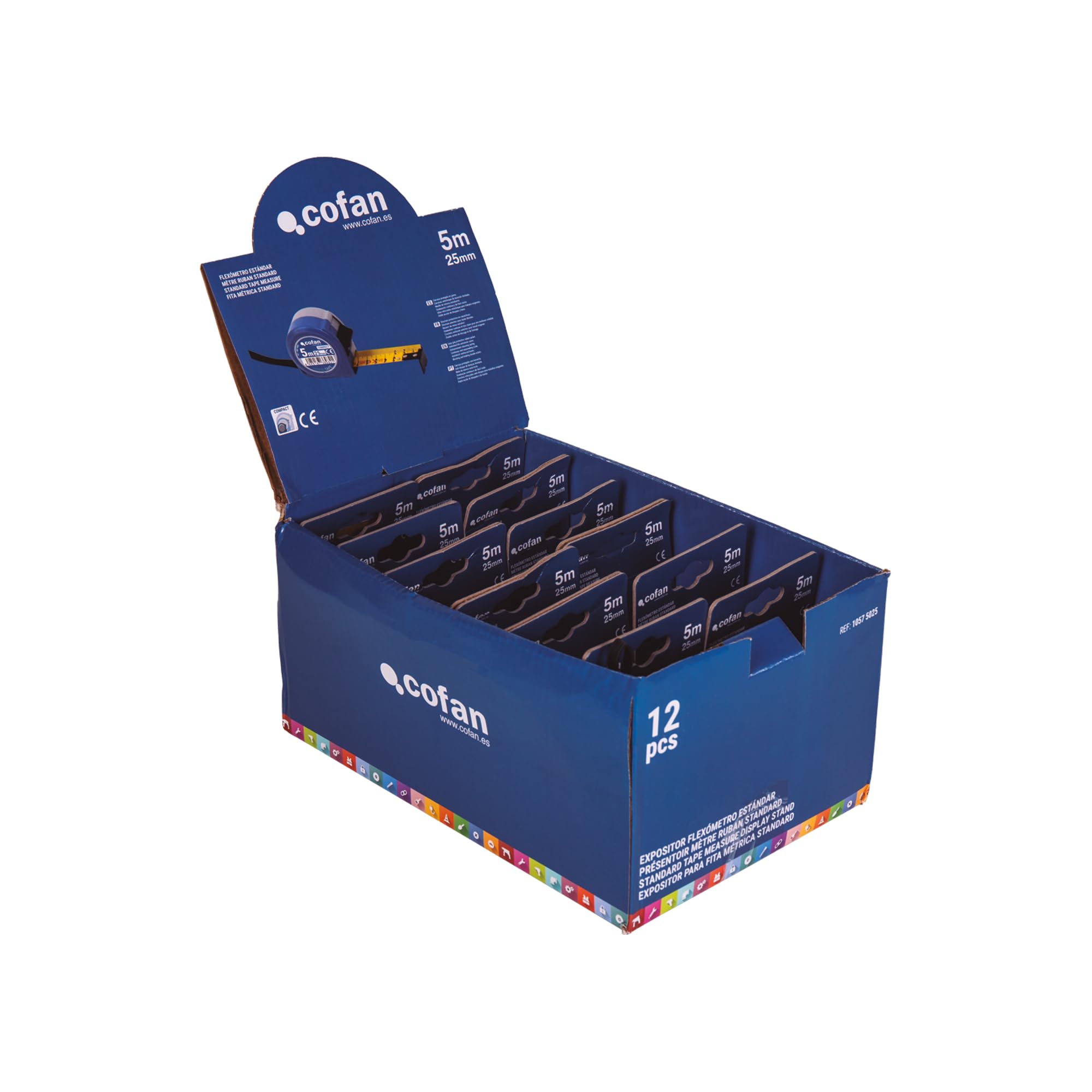 Cofan Expositor para Flexómetros Estándar con Botón de Bloqueo de Cofan | Incluye 12 Flexómetros | Flexómetros de 3 o 5 m | Ancho de la Hoja de 16 o 19 mm (12, 5 m x 25 mm)