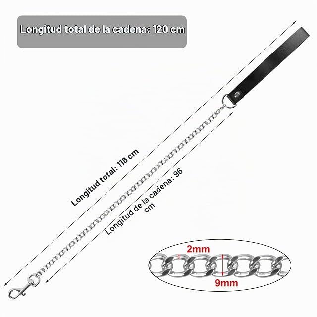 Foto 2 de 7 de Correa de Cadena de Metal para Perros, 118 cm, para Perros Pequeños y Medianos - Negro + Plata