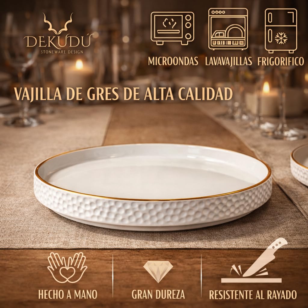 Platos Vajilla Platos Llanos Ceramica de Gres de Calidad - Fabricados a Mano - 6 Piezas de 25,5cm - Gran Dureza Aptos Lavavajillas Microondas - Estilo Moderno - Color Blanco