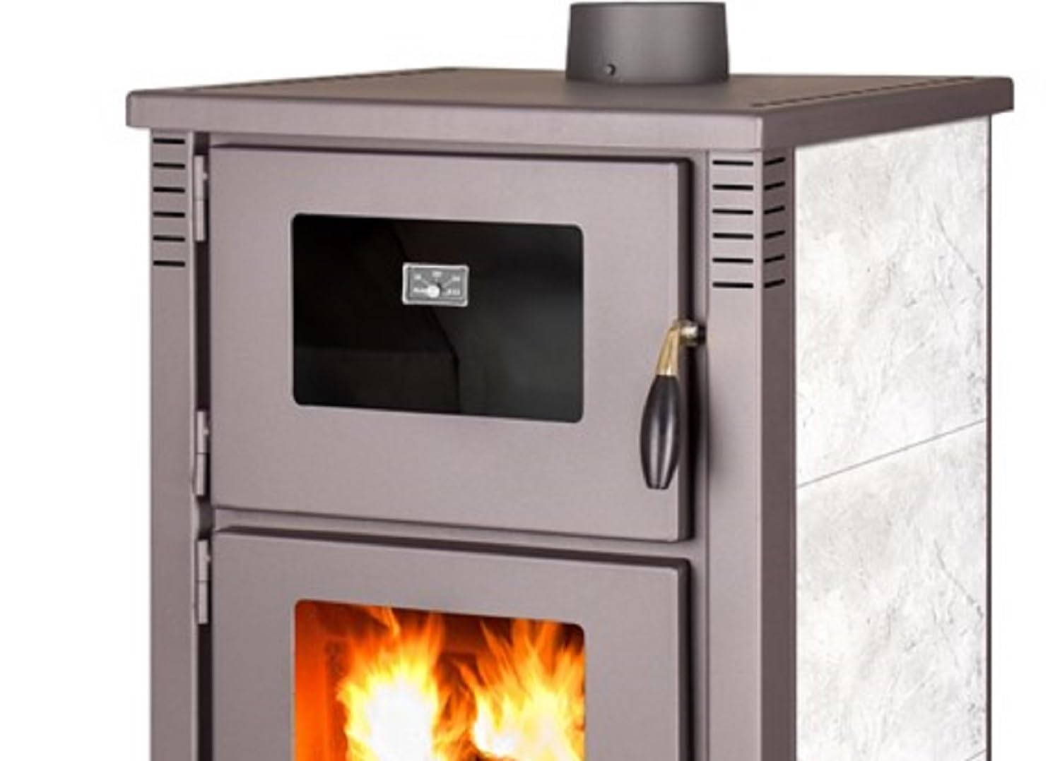 Estufa de leña Bio Leña Sile con horno, Cerámica Blanca, 12 kw, 60-80 m², 82% eficiencia, Madera