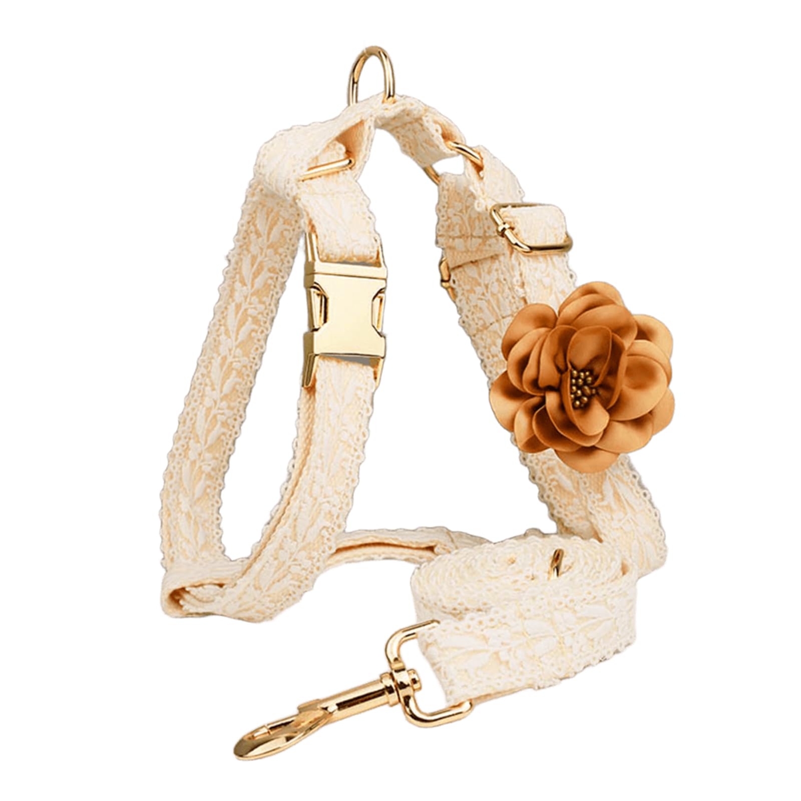 IUOUTG Beige Dog Step In Vest Harness, Lace Harness and Leash Set for Large Dogs, Adjustable Embroidered Pet Vest with Flower for Wedding Outfit