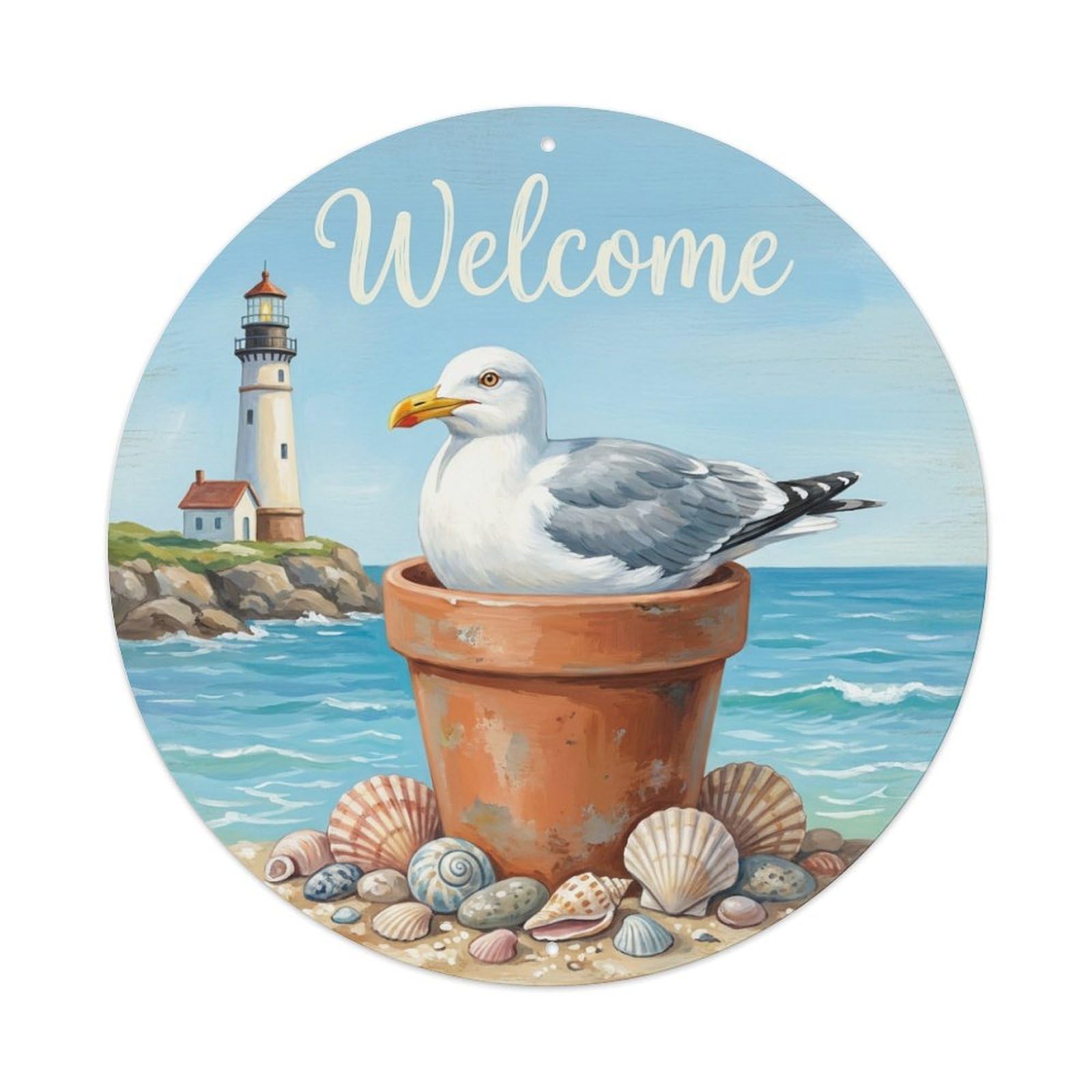 Metal Tin Sign Welcome Seagull Lighthouse