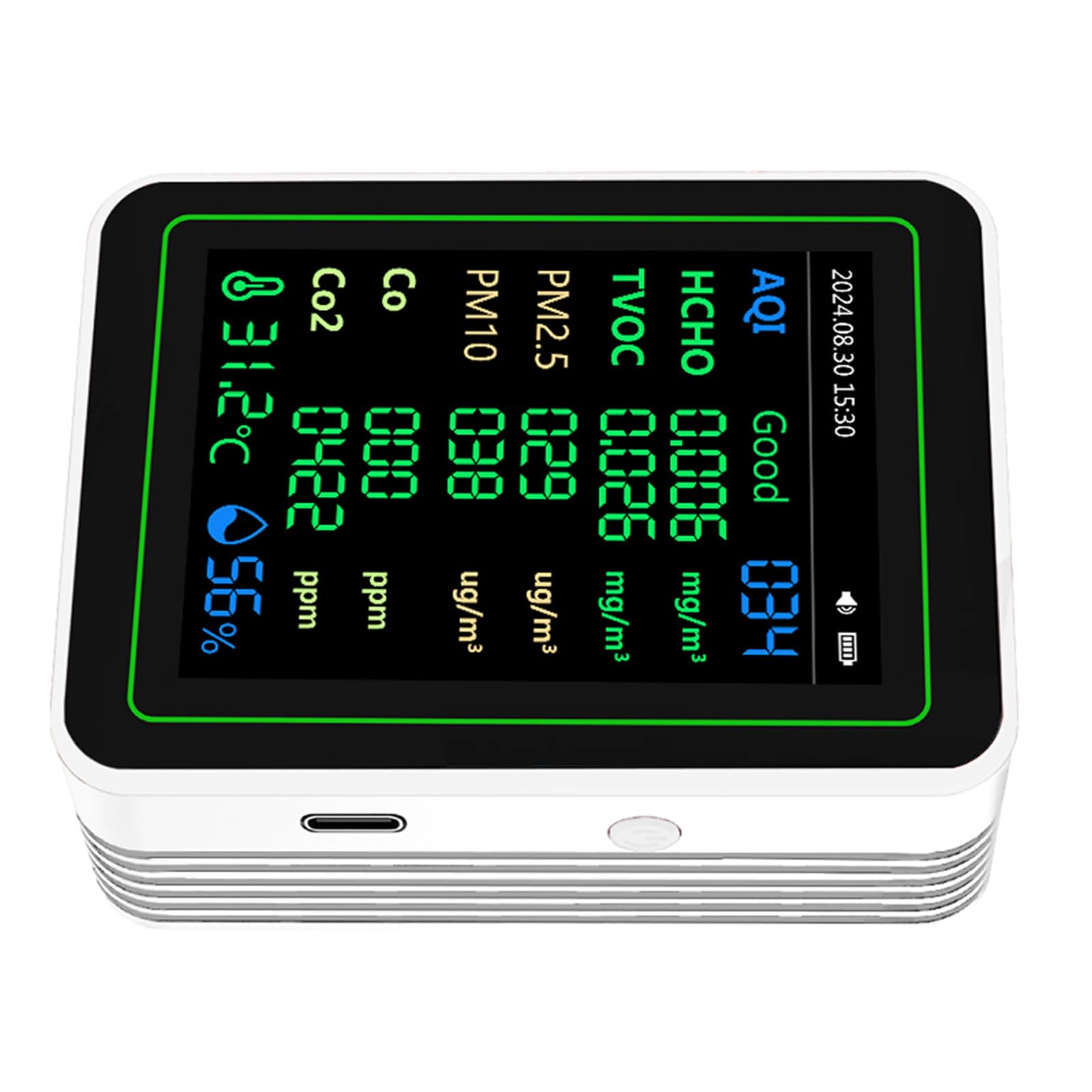 Jeffergarden Rilevatore di CO2 per Monitoraggio della qualità dell'aria con Rilevamento HCHO TVOC PM2.5 PM10 e Schermo TFT per Ufficio Domestico e Viaggi in Auto (WHITE)