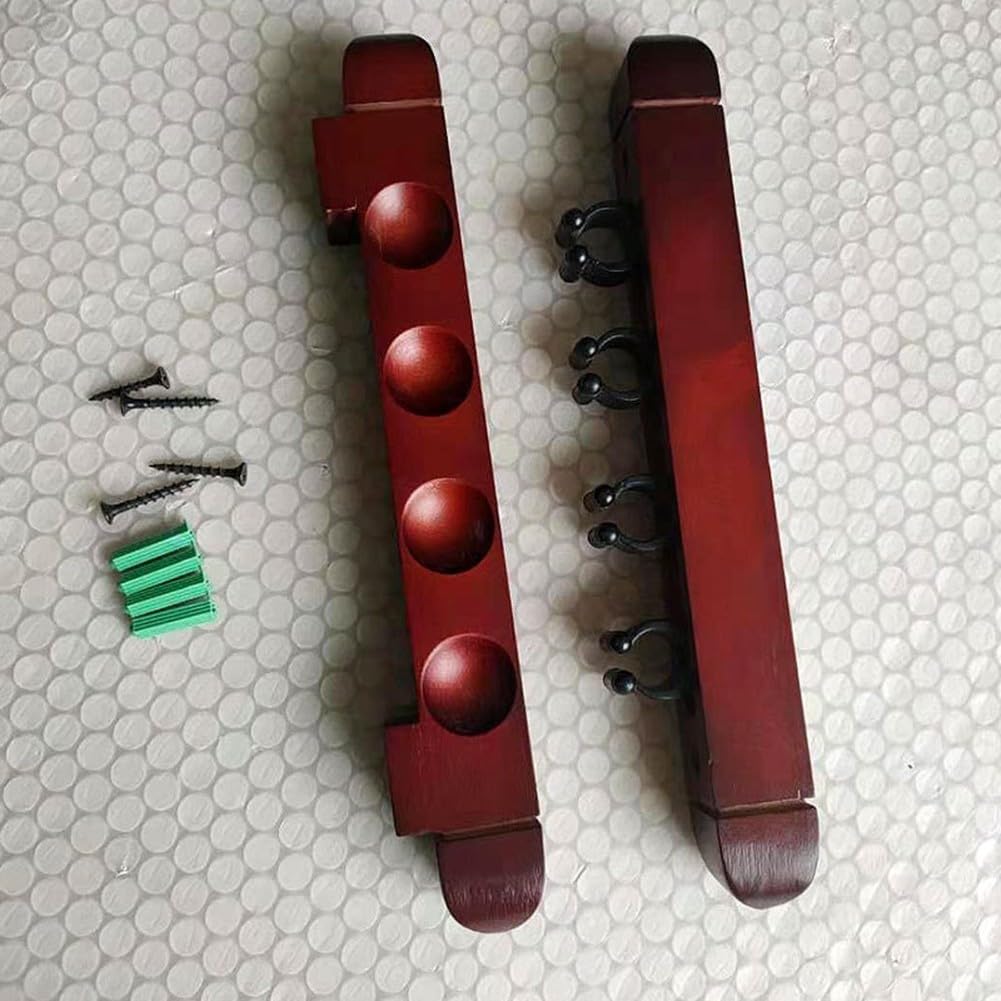 Soporte de pared para tacos, soporte de madera para billar de 4 ranuras para billar, organizador de almacenamiento que ahorra espacio para sala de juegos, bar, club, negro, rojo, amarillo (rojo) — view 4