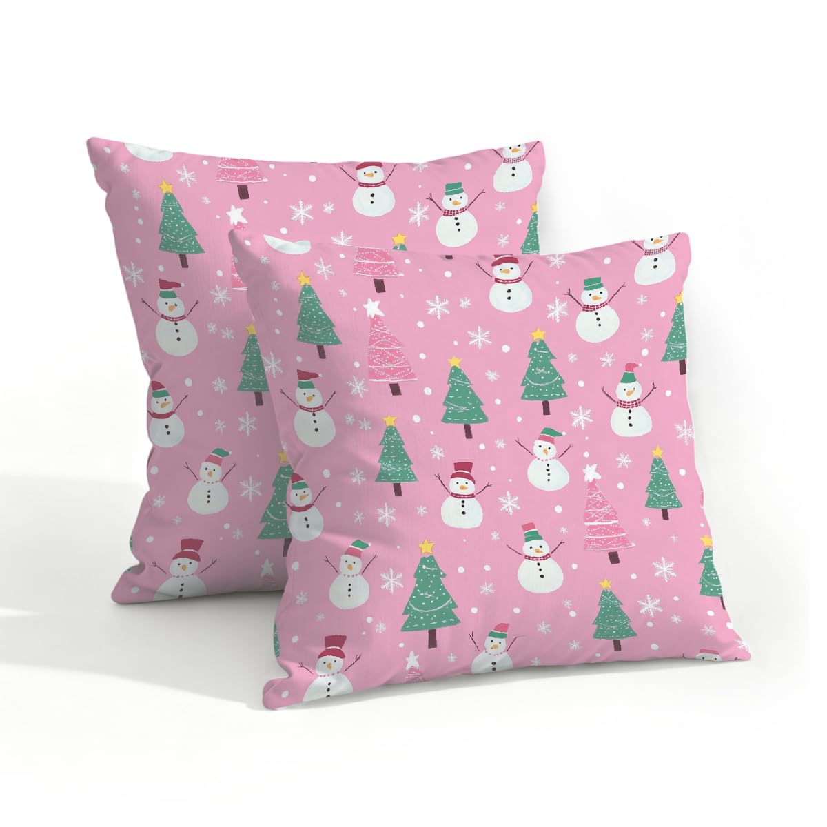 Outdoor Pillow Covers Waterproof Pillowcases 18x18IN Set of 2 Christmas Tree Snowman On Pink Decorative Throw Cushion Case for Couch Sofa Garden Patio Furniture