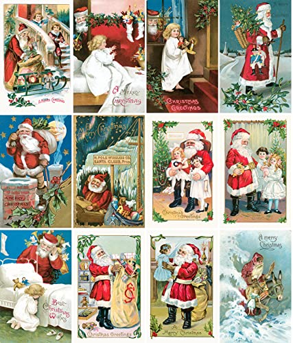Image of PIXILUV CHRISTMAS PRESENTS (Pack of 12) Notecards Small Greeting Cards # Vintage Santa Claus and Children with Presents ~ Vintage Christmas Postcards Reprint