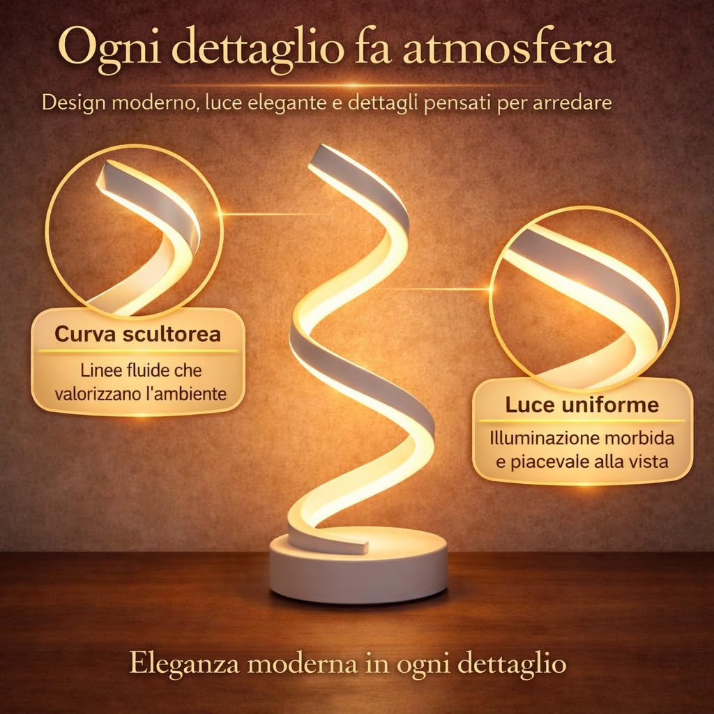 Arcadia Lampada da Comodino LED - Luce Notturna Dimmerabile Bianco Freddo, Naturale e Caldo - Design a Spirale Moderno 3200 Lumen - Abat-jour per Camera da Letto, Scrivania e Salotto (2 x Argento)