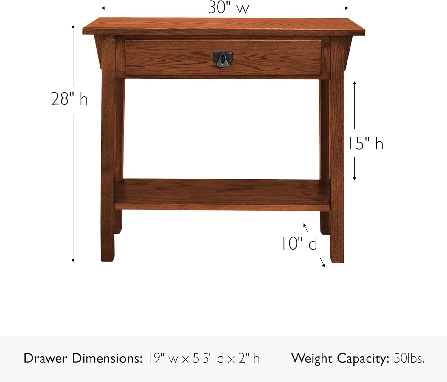 Leick Home Mission Console Table, Solid Wood, 1 Storage Drawer, Bottom Display Shelf, Narrow Depth, Easy-Assembly, For Living Room/Hallway, Russet, 30 in L x 10 in W x 28 in H, 9057-RS