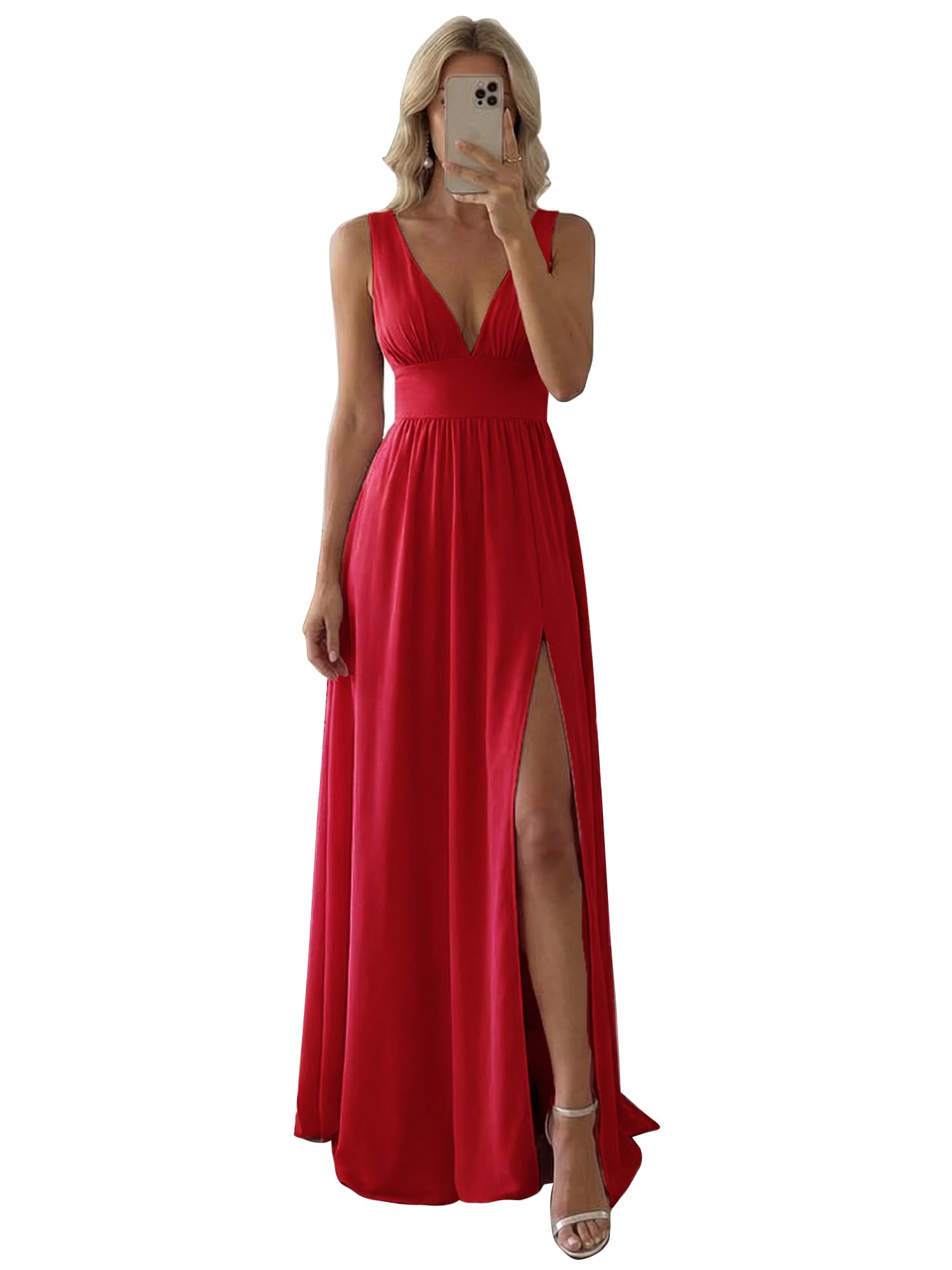 Ever-Pretty Women's Summer V-Neck Sleeveless Formal Wedding Guest Dress Side Slit Floor Length Bridesmaid Dresses Red US12