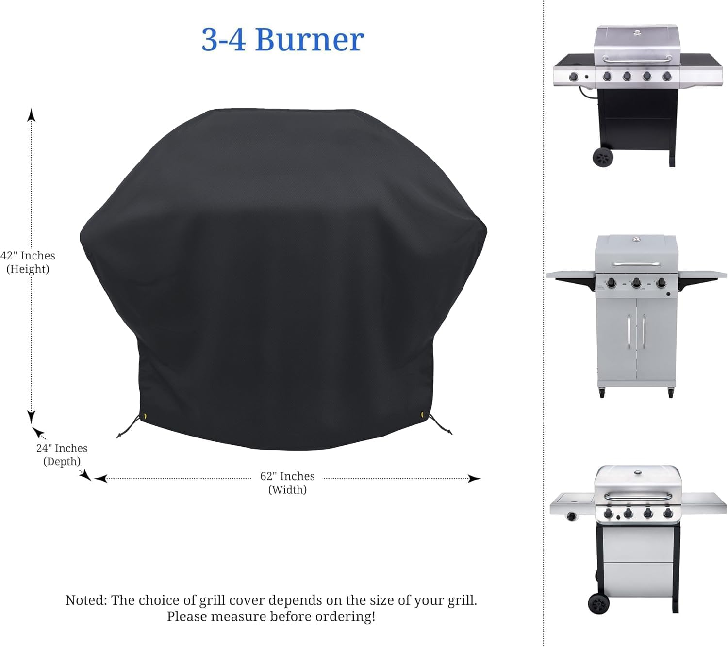 Covers & all Char-Broil Performance Grill Cover, Heavy Duty Waterproof Cover for Outdoor Grill, UV & Weather Resistant, BBQ Cover for 3-4 Burner Grills with Secure Fit (62" W x 24" D x 42" H, Black)