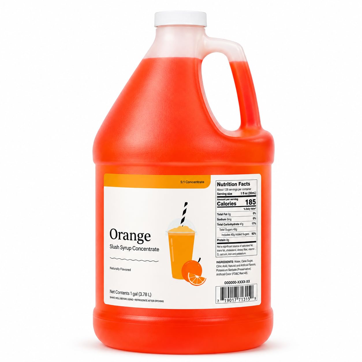 Slushy Mix Concentrate 1 Gallon – 5:1 Frozen Drink Syrup for Slushie, Granita & Snow Cone Machines – High Yield (48 Servings) – Gluten Free – Commercial Beverage Mix – Made in USA (4/Case, Orange)
