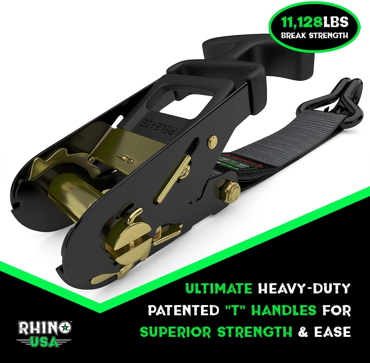 Rhino USA Car Trailer Ratchet Straps Kit - 11,128lb Guaranteed Break Strength - Use for Car, Truck, UTV & More - (4) Premium 2" x 8' Ratchet Straps with Padded T-Handles + (4) Axle Straps Tie Down Black & Green