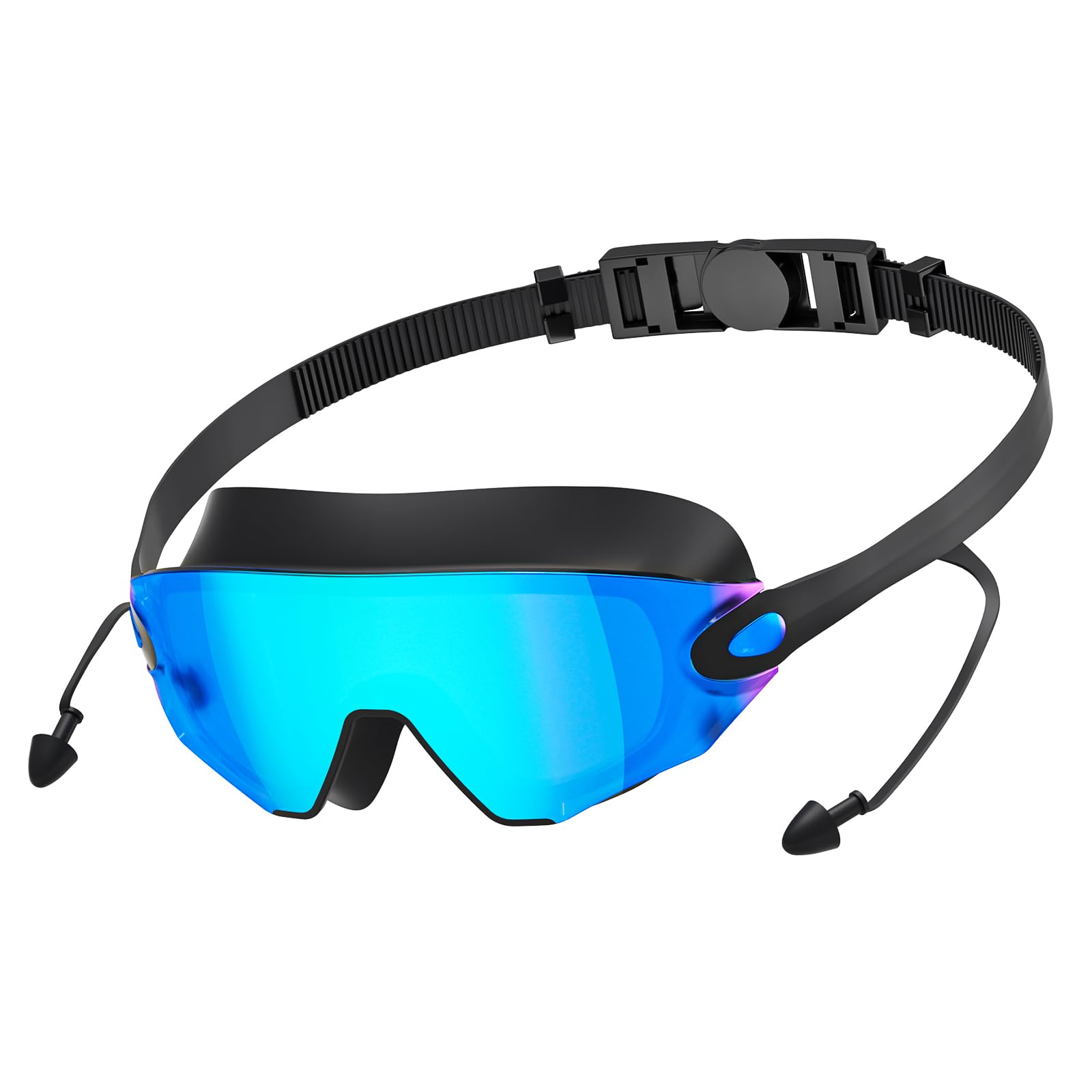 Lavlola Swimming Goggles, Upgrade Swim Goggles with Earplugs Anti Fog UV Protection No Leakage Clear Vision for Adult Women Men (Black/Blue Lens)