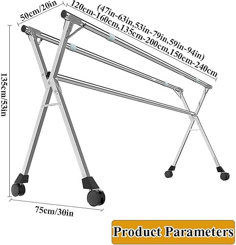Miniatura 7 de HUHJYUGE Estante de secado de ropa plegable, estante de lavandería con ruedas, estante de ropa resistente, soporte plegable para ahorrar espacio,