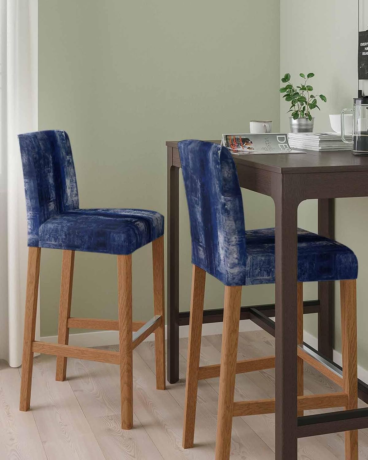 Navy Blue Bar Stool Covers Set of 6, Stretch High Chair Covers, Retro Oil Painting Modern Abstract Art Aesthetics Washable Barstool Seat Cover Protectors Slipcovers for Kitchen Dining Room
