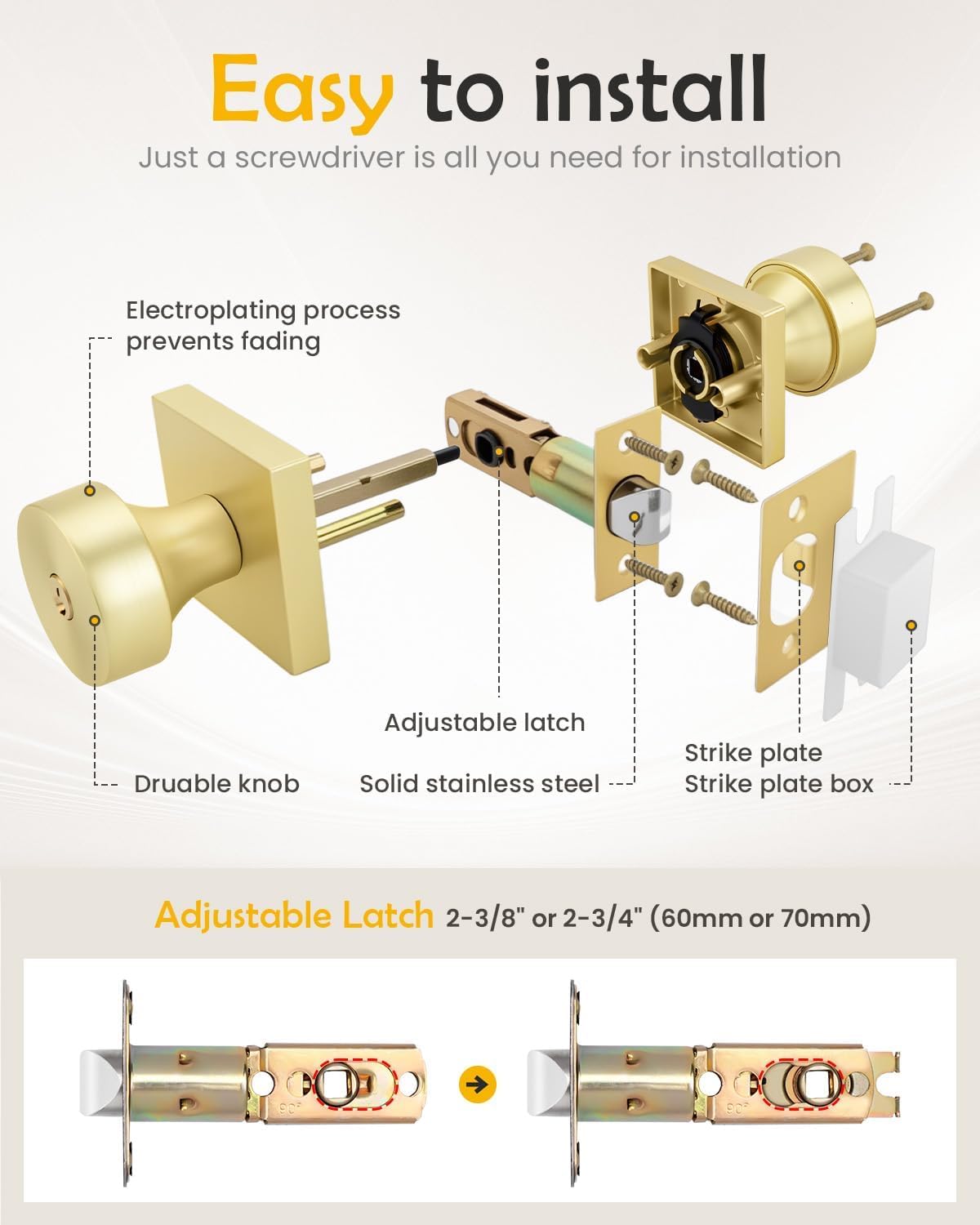 Goldenwarm Exterior Door Lock Set with Deadbolt, Zinc Alloy Brushed Gold Deadbolt Lock and Door Knob Set, Brushed Brass Front Door Knob and Deadbolt Set with Lock and Key (1 Pack)