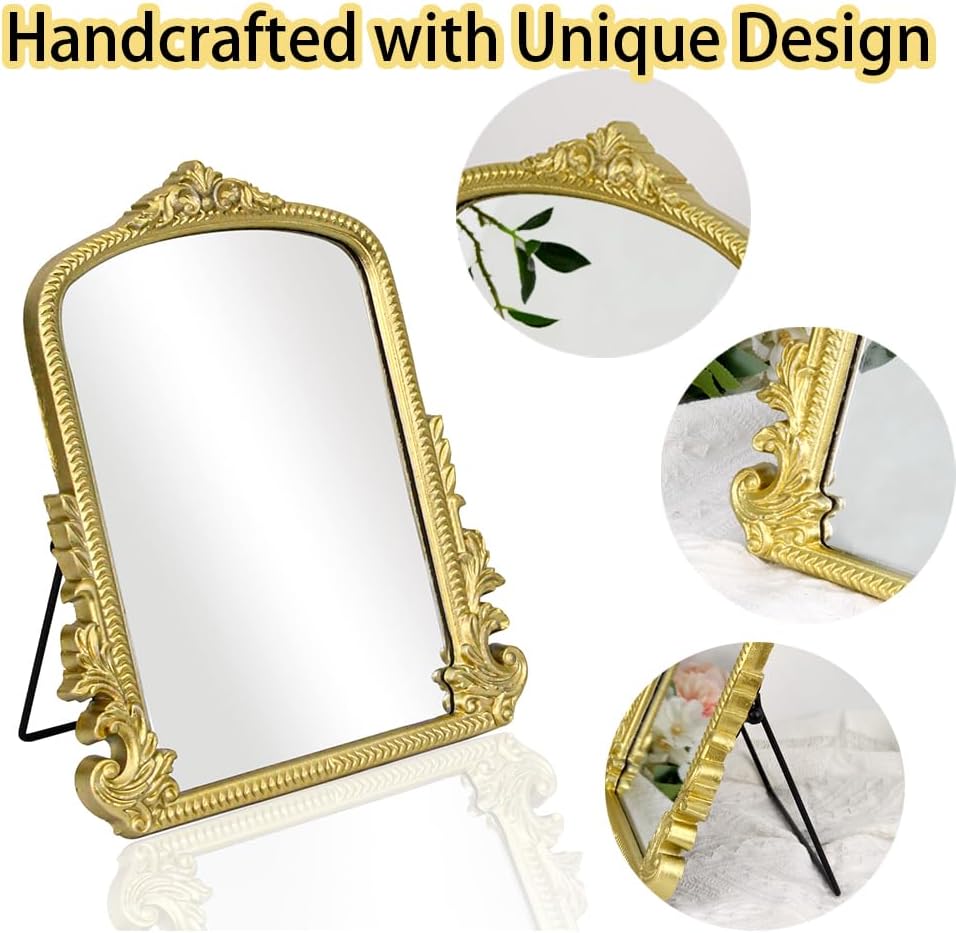 TenFuju Champagne Gold Vintage Baroque Vanity Mirror, Small Arched Tabletop Makeup Mirror, Free Standing Mirror for Dresser, Bedroom, Living Room, 11.8" x 9.6"