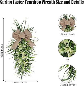 Artificial Spring Teardrop Swag,60 x 30cm White Lilies Teardrop Swag with Burlap Bow and Green Leaves,Spring Summer Front Door Teardrop Wreath,Easter Teardrop Wreath,Spring Home Decor