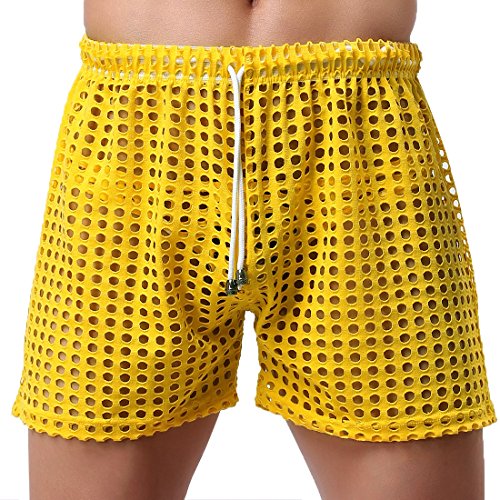 TiaoBug US Mens Hollow Openwork Drawstring Lounge Underwear Boxer Shorts Yellow Size Large