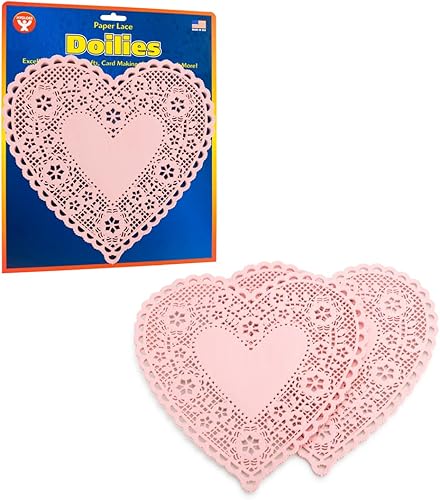 Hygloss Doilies de corazón 18 piezas 8 pulgadas de papel rosa en forma de corazón para manualidades de San Valentín, ajustes de mesa Ideal para