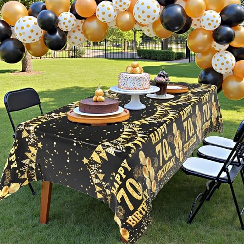 Image of Labeol 3 Pack 70th Birthday Tablecloth, Black and Gold Happy 70th Birthday Decorations, Disposable Plastic Rectangular Table Cover Party Supplies for Men Women