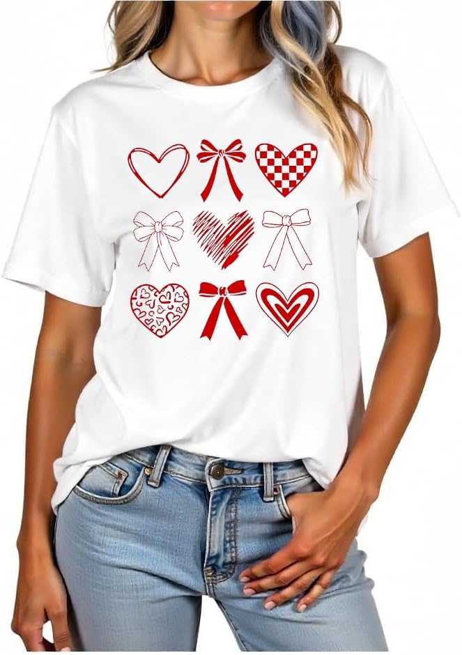 Valentines Shirt for Women Love Heart Bow T-Shirts Cute Valentine Day Lover Tee Casual Tops Valentines Day Gift,White