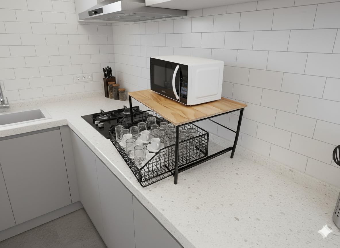 Estantería de Cocina, con Cesta Extensible, Organizador de Cocina, Almacenamiento, Soporte microondas, Electrodomésticos, Soporte Cafetera, articulos de Cocina, Estante encimera.
