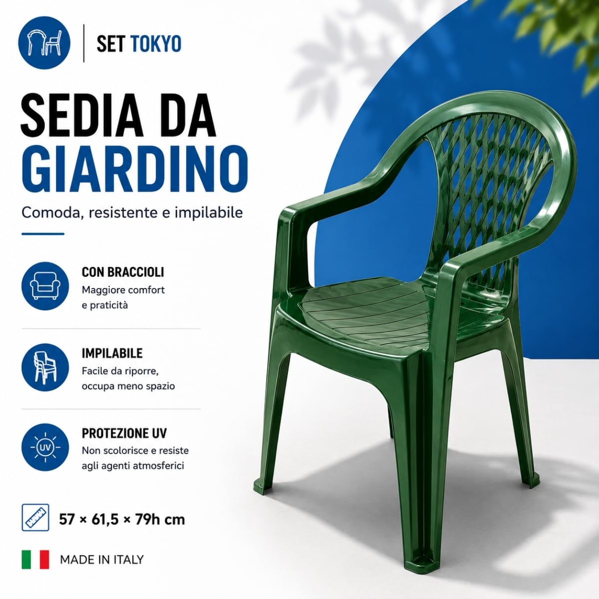Tomaino Set Tokyo Tavolo da Giardino con 4 Sedie Impilabili con Braccioli Polipropilene Verde