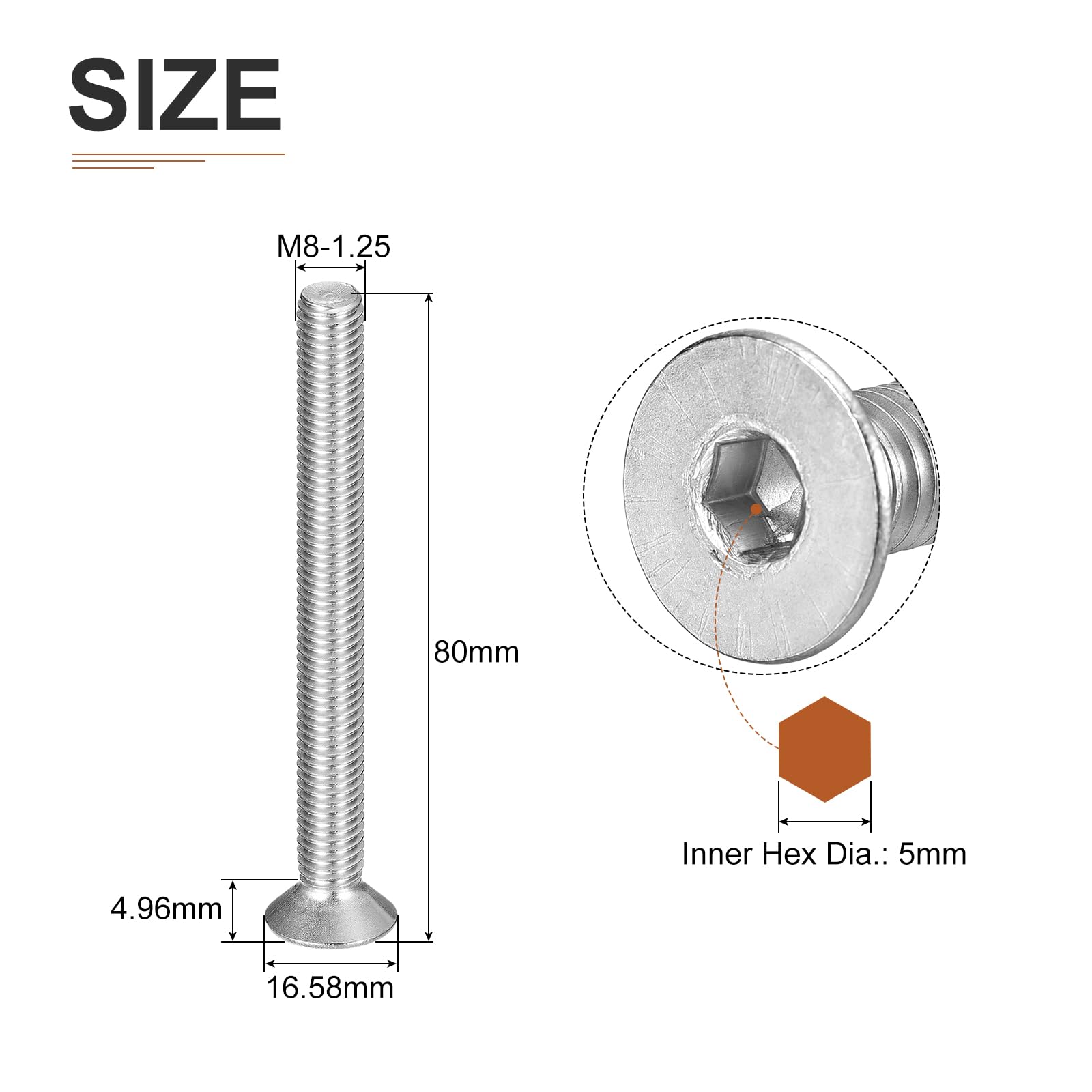 DTGN M8-1.25 x 80mm Flat Head Socket Cap Screws, 10 Pack 304 Stainless Steel Hex Socket Flat Head Screws, Full Thread - Image 2