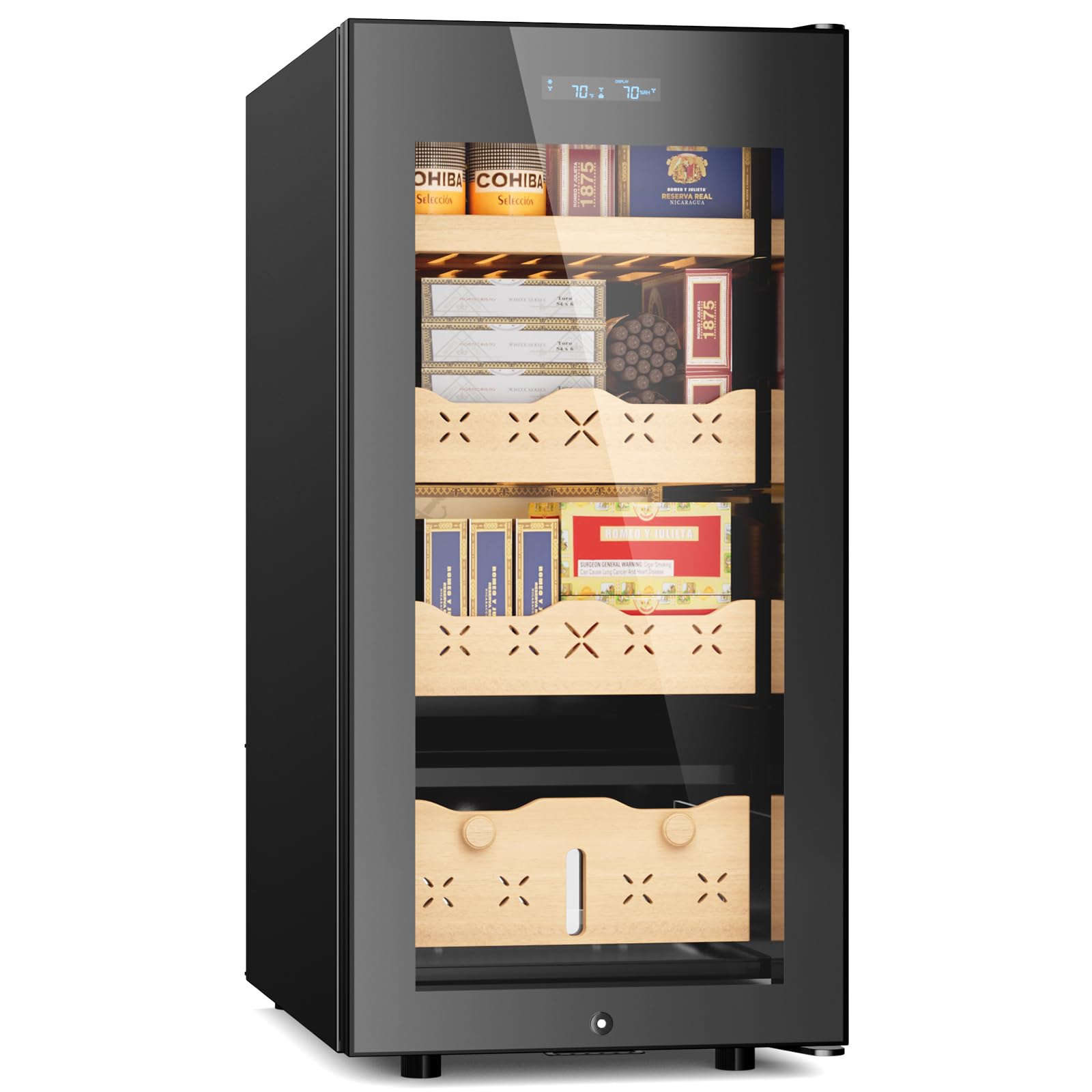 Lioncho 85L Intelligent Temperature & Humidity Adjustable Electronic Cabinet Lockable (700 Counts Capacity), Digital LCD Display, Spanish Cedar Wood Drawer | Fridge.com