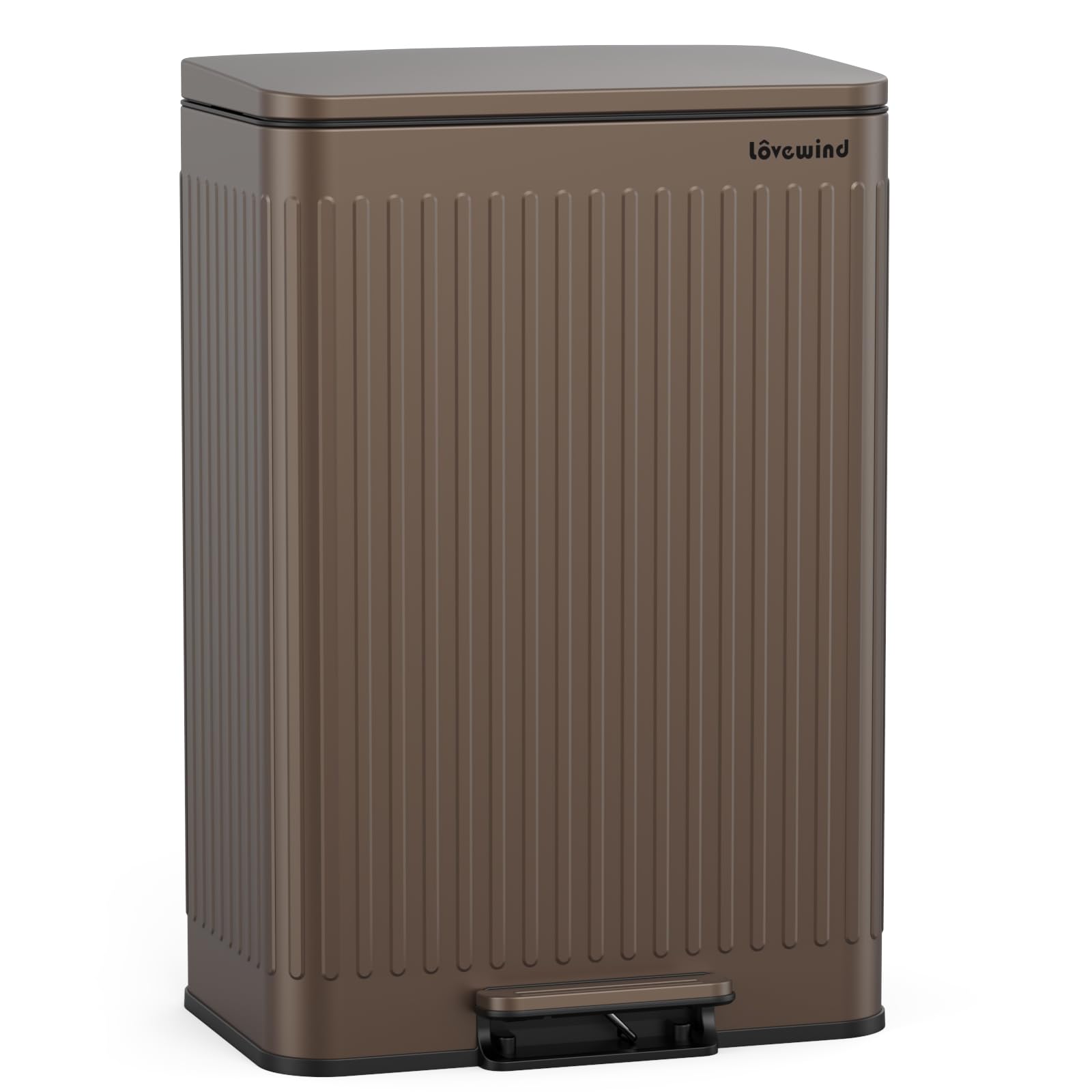lovewind 60L Large Kitchen Trash Can, Brown Stainless Steel Step Bin with Soft-Close Lid,Inner Buckets with Handles & Bag Fixer, Roman Pattern, Odor-Proof, Easy Clean for 3-6 Person Household