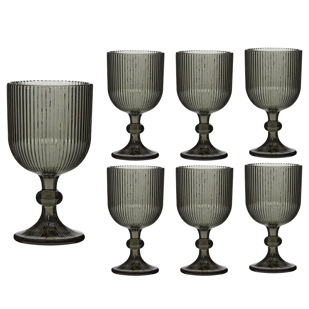 Dibor Set of 6 Wine Glasses Grey Embossed 360ml Ribbed Mid-Century Style Wine Goblets Alfresco Dining Glassware (DK48) โ image 1