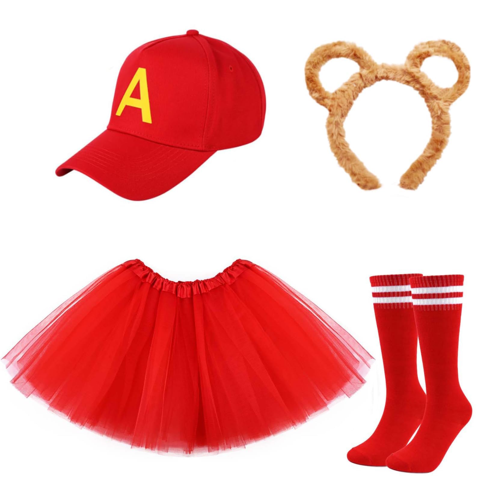 Kavoc 5Pcs Chipmunk Costume Set Including Chipmunk Ears Headbnad Round Glasses Knee-High Socks for Halloween Party (Red)