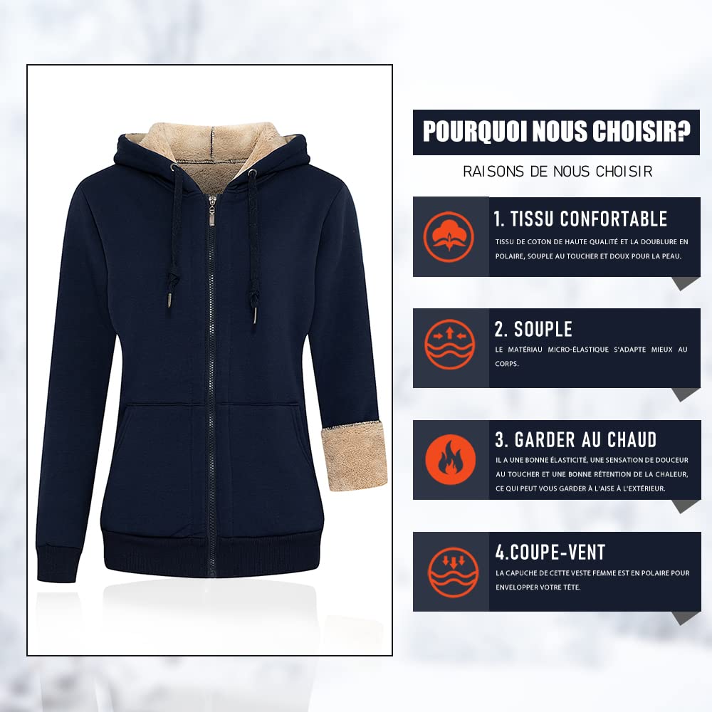 LBL Veste Polaire Femme Chaud Doublure Polaire Zippée à Capuche Sweat-Shirt Manches Longues pour Hiver