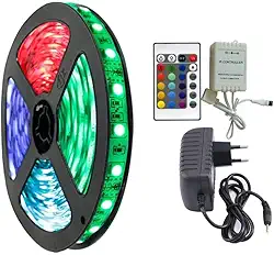 Fita LED RGB 5050 5 Metros IP65-16 Cores, 300 LEDs com Fonte Bivolt e Controle Remoto Iluminação Decorativa Flexível, Adesiva, para Teto, Quarto, Sala, Ambientes Internos e Externo Premium